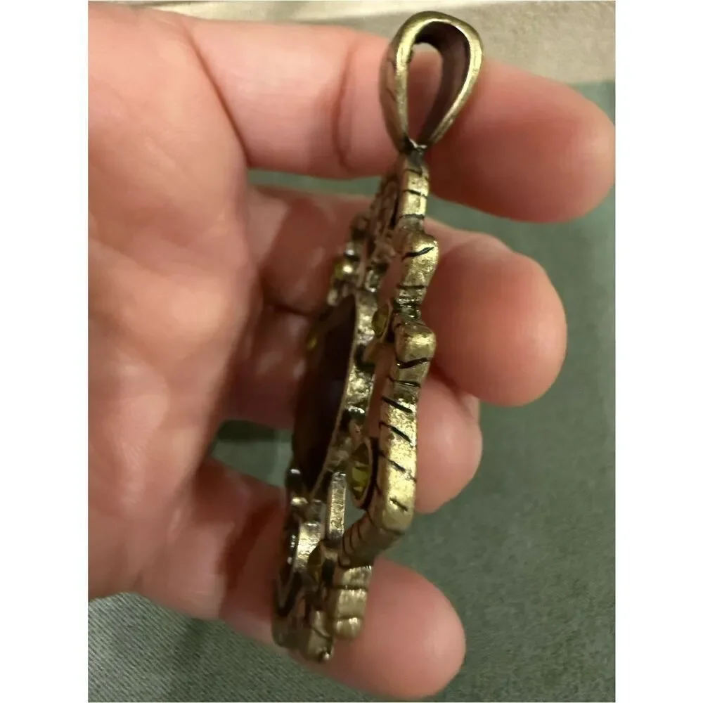 Vintage Gold Tone Statement Pendant Women Large Boho Gemstone Wide Bail